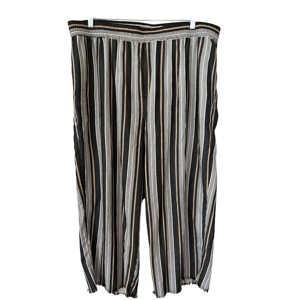 Striped Pants Women 22W Black White Tan Linen Blend Wide Leg Fringe - Picture 1 of 8